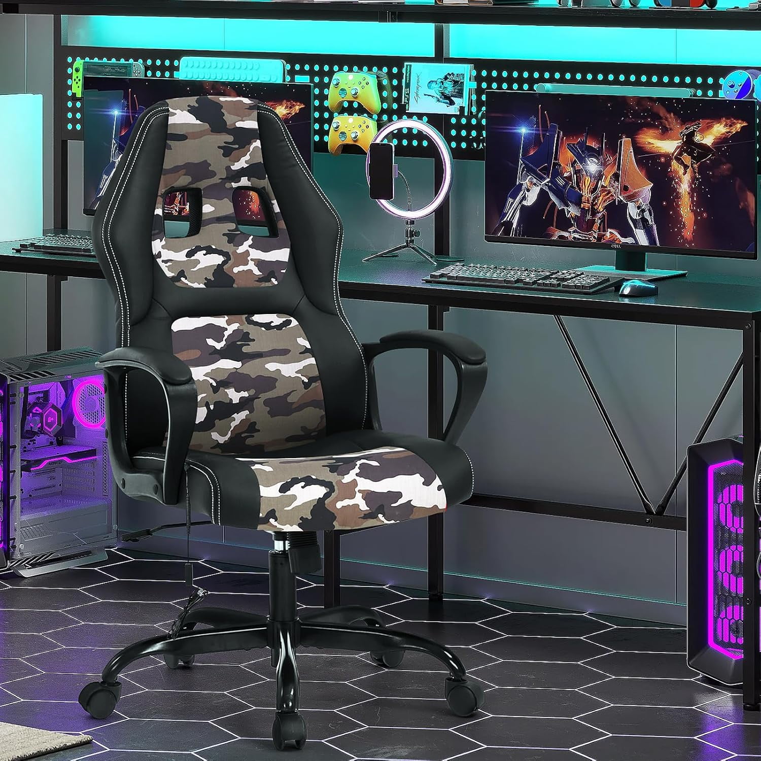 Dkelincs Gaming Chair Massage Computer Chair Ergonomic Video Game Chairs, Adjustable Office Desk Chair with Lumbar Support & Armrest for Teens & Children, Camo