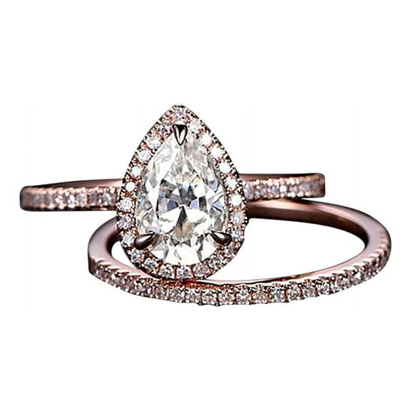 Perfect 2 Carat Pear cut Moissanite and Moissanite Halo Weding Ring Set with 18k Gold Plating