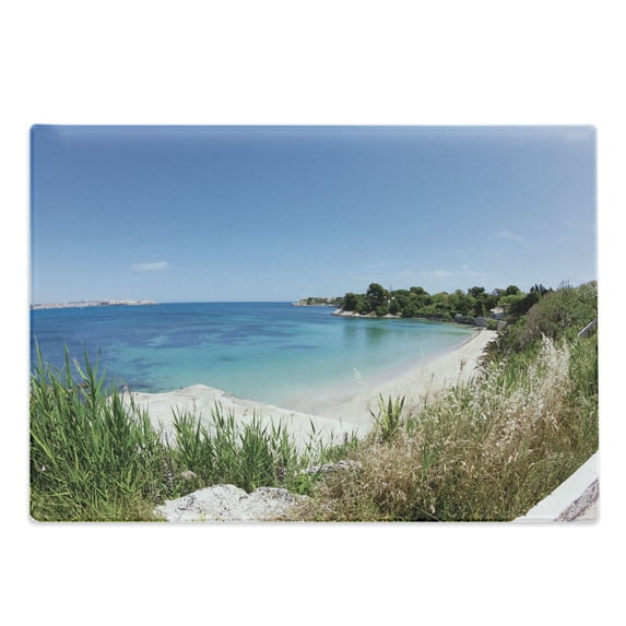 Sicily Cutting Board, Panoramic Coastline Photo Sandy Beach Scenery with Herbs and Trees, Decorative Tempered Glass Cutting and Serving Board, in 3 Sizes, by Ambesonne