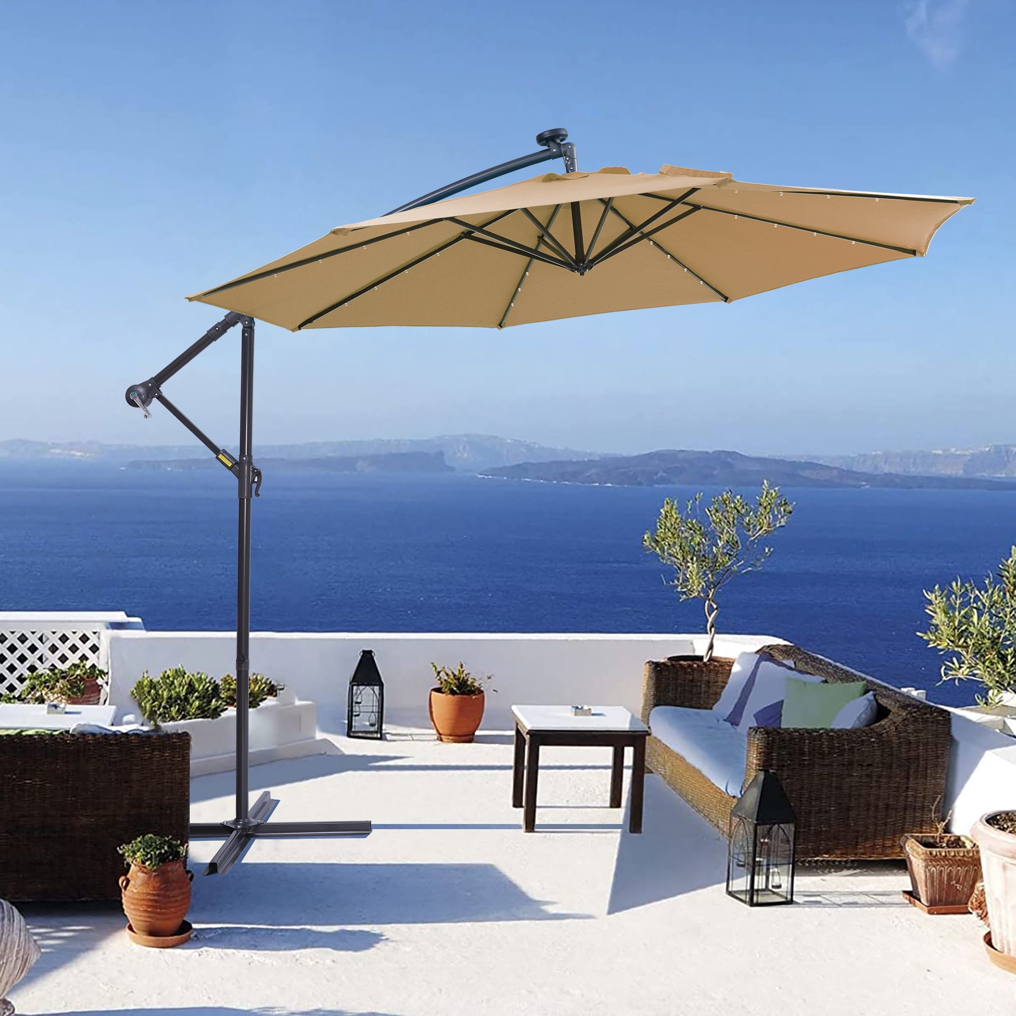 Offset Patio Umbrella, 10 FT Solar LED Cantilever Umbrella for Backyard Garden Poolside, Taupe