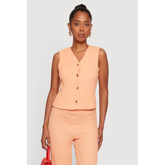 Women's Textured Knit V Neck Button Front Vest