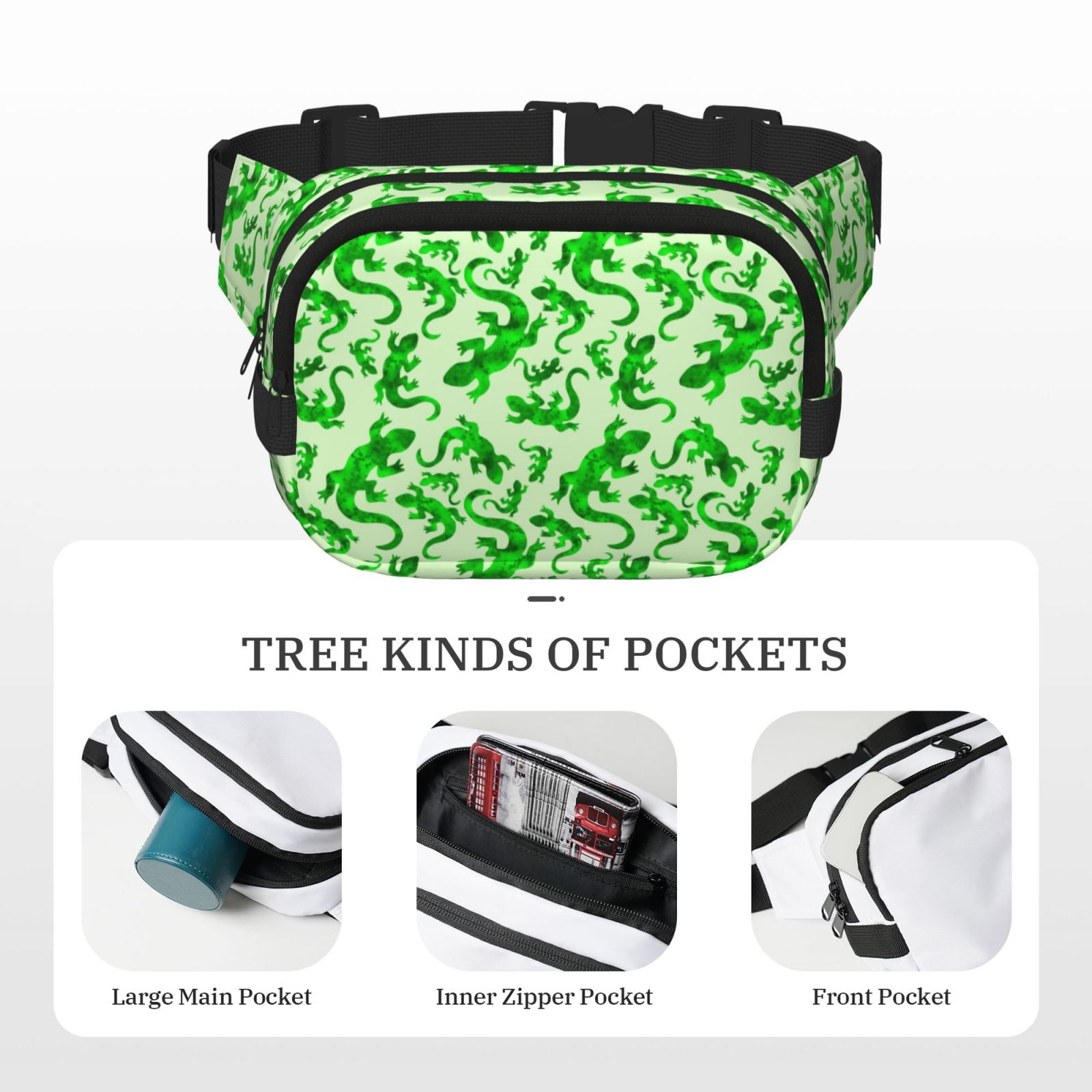 Kuqiui Green Lizard Print Fanny Packs for Women Cross Body Waist Bag Fashionable Fanny Pack Designer Workout Hiking Waist Pack Running Travel Gym