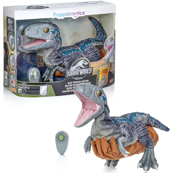 WOW! STUFF: Jurassic World Blue Training Edition Puppetronic by RealFX - Interactive Baby Raptor, 60 Actions & Sounds, 22" Dinosaur Toy, Ages 8