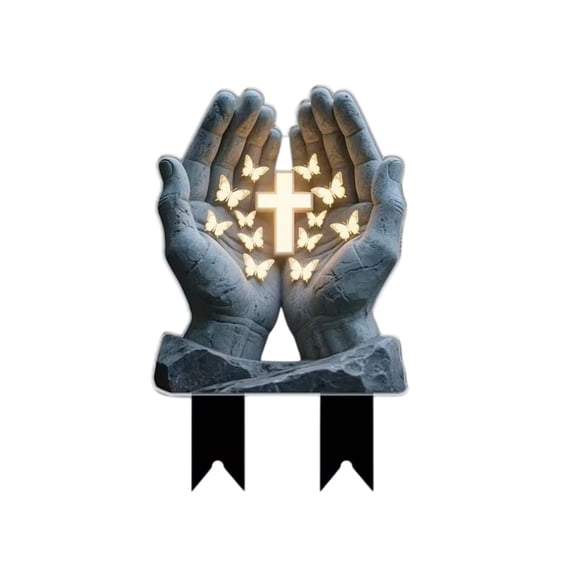 2 Pack Praying Hands Memorial Garden Stake, Cross Butterfly Cemetery Decoration, Waterproof Outdoor Yard Lawn Decor for Grave, Religious Sympathy Gift
