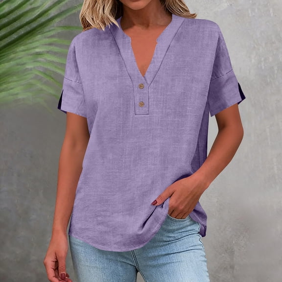 Roncen Linen Tops for Women Loose Fit Gauze Short Sleeve Plus Size Shirts Summer Button V Neck Casual Dressy Blouses
