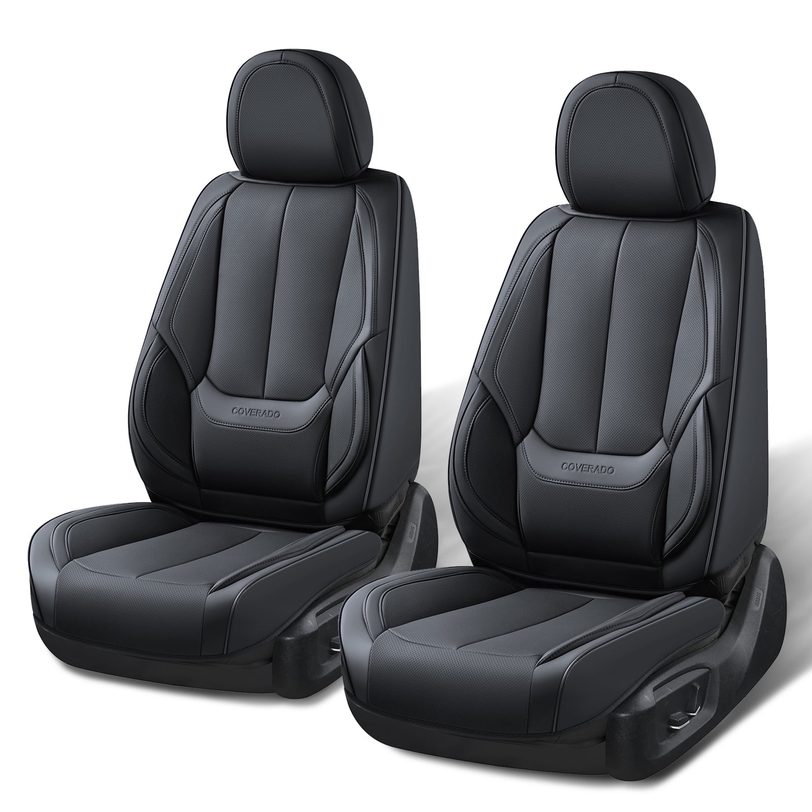 Coverado Black Front Car Seat Covers, Stylish Waterproof Premium Leather Automotive Seat Protectors, Airbag Compatible Auto Interior Accessories Universal Fit for Most Cars SUV Pick-up Trucks