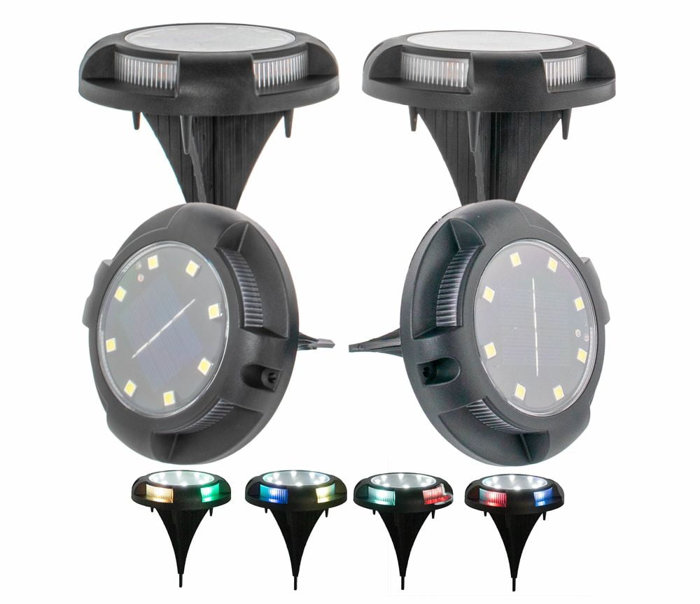 Solar Disc Powered 8 White LED Disk Ground Lights w/ 4 COLOR Changing Side Accent Lights 7