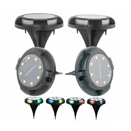 Solar Disc Powered 8 White LED Disk Ground Lights w/ 4 COLOR Changing Side Accent Lights - 7 Color Changes Outdoor/Indoor Waterproof Garden Landscape Spike Yard Lights - 4 Pack
