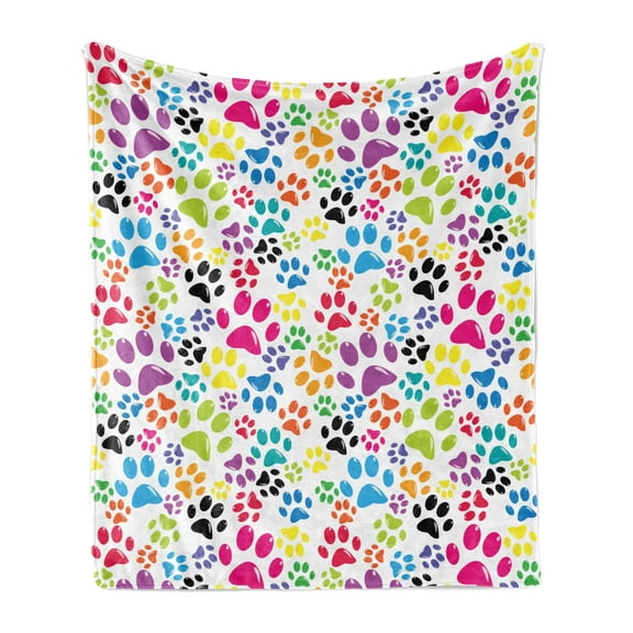 Dog Soft Flannel Fleece Throw Blanket, Colorful Little Paws Steps Childish Artwork Cartoon Unusual Traces Design, Cozy Plush for Indoor and Outdoor Use, 50" x 70", Purple Blue Green, by Ambesonne