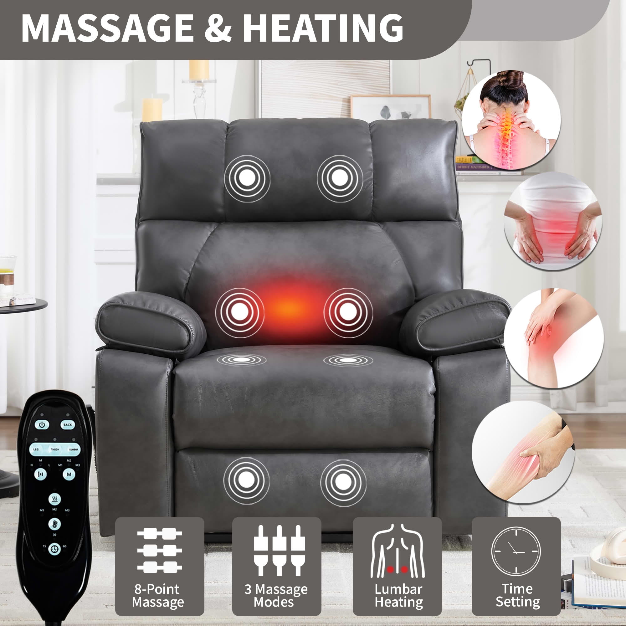 MAYEERTY Dark Gray Dual Motor Power Lift Recliner, 350lbs Infinite Position Massage Heat Hidden Cup Holders for Elderly 41"x37"x42"