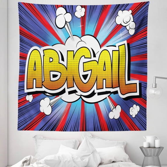 Abigail Tapestry, Retro Comic Book Style Female Name with Cartoon Effects on Abstract Pop Background, Fabric Wall Hanging Decor for Bedroom Living Room Dorm, 5 Sizes, Multicolor, by Ambesonne