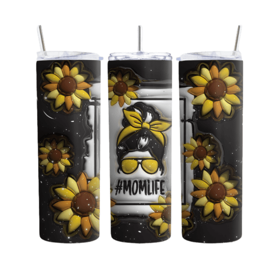 Mom Life Sunflower Tumbler with Messy Bun, 20oz Insulated Cup for Moms, Unique Mother's Day Gift