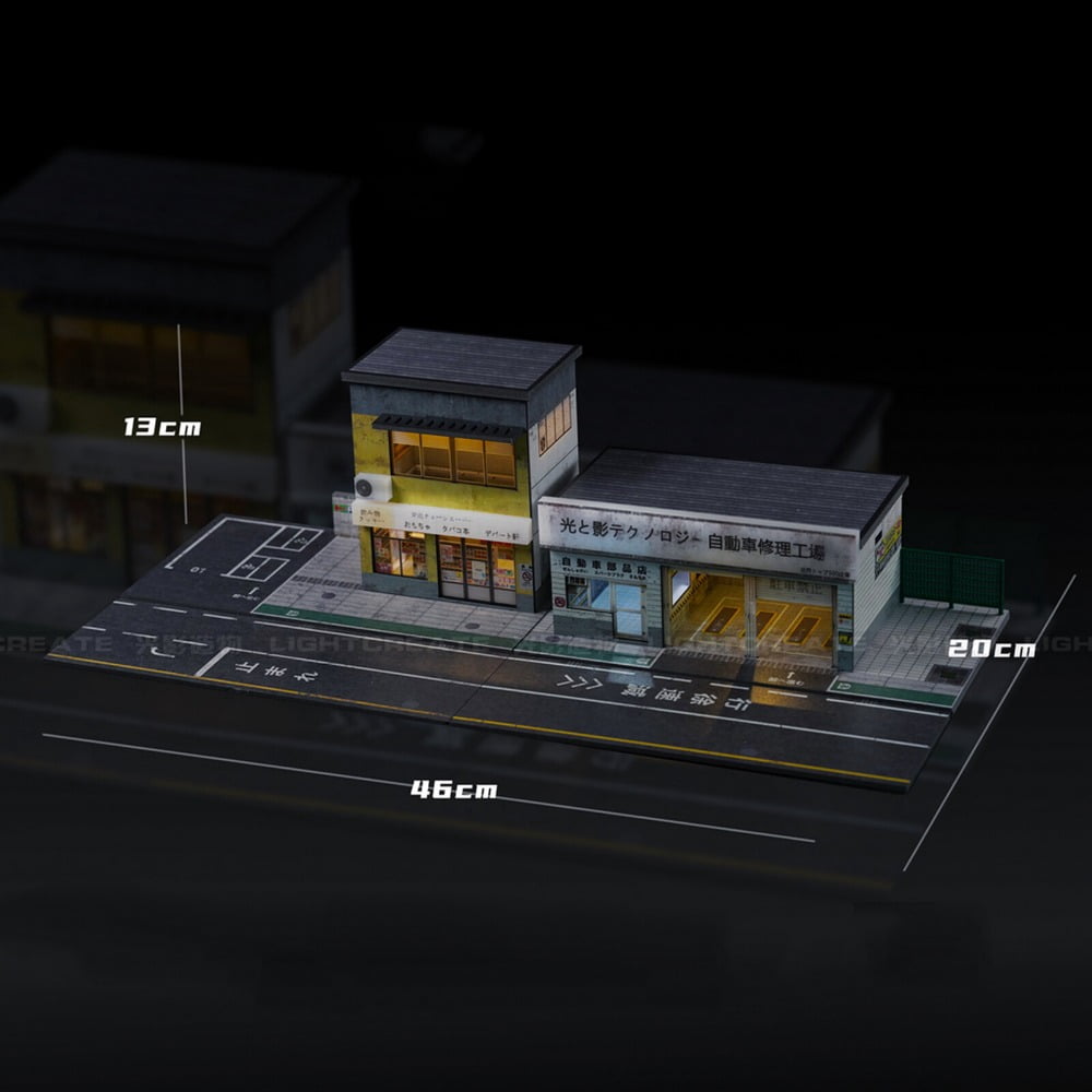 1/64 Scale Diorama Car Garage Model LED Lighting ,Diecast Car Display Case Kits,City Street Coffee Shop Maintenance Workshop Building Scene Display Model