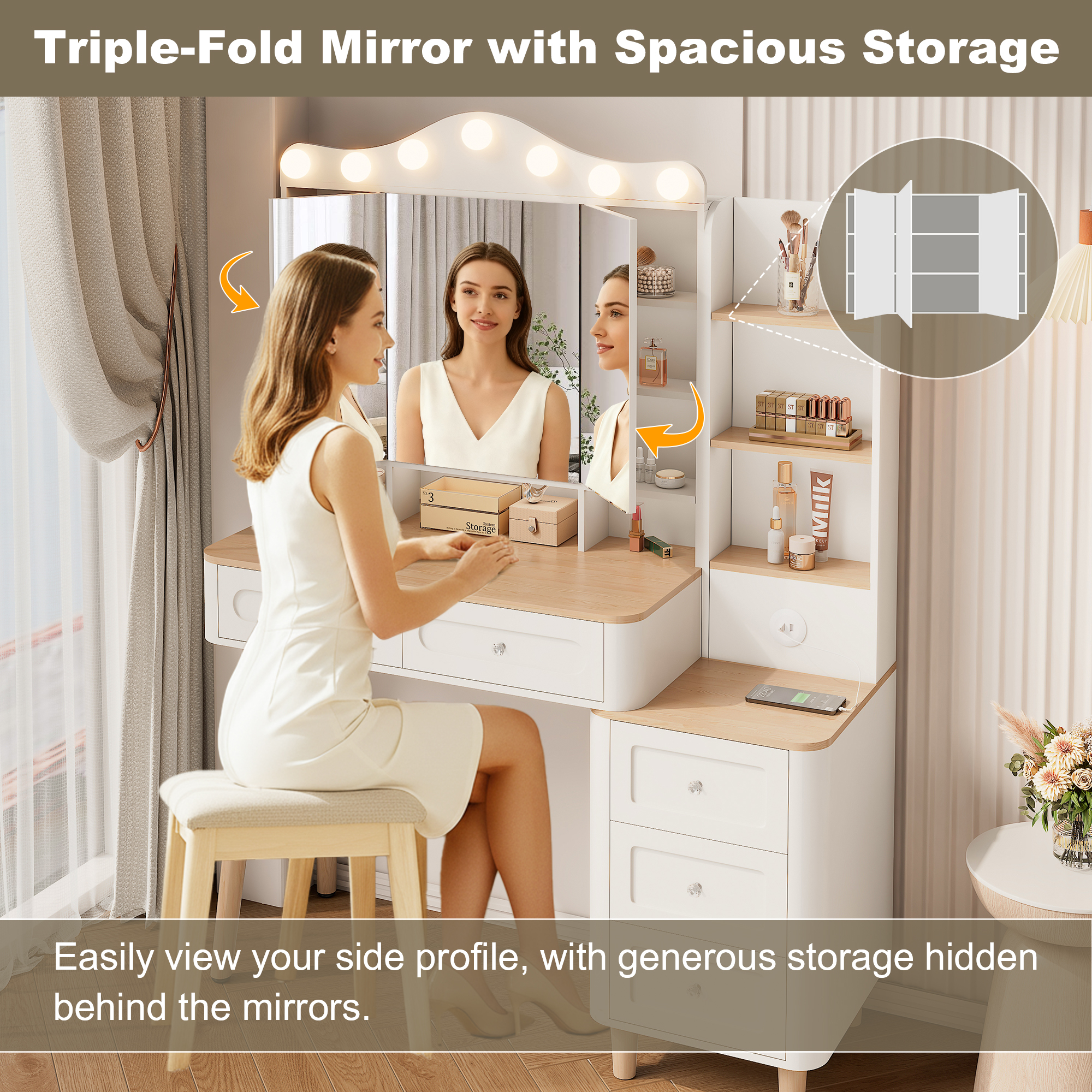 Alvantor Vanity Desk with Foldable Mirror and LED Lights, USB Power Strip for Adults