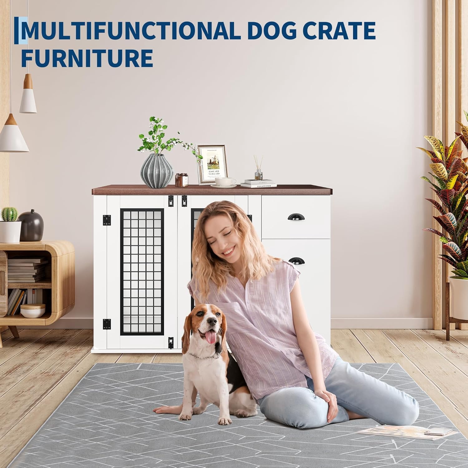 44 inch Dog Crate Furniture, Heavy Duty Wooden Pet Kennel with Drawers & Side Cabinets, Decorative Dog Crates for Small Medium Large Dogs, White
