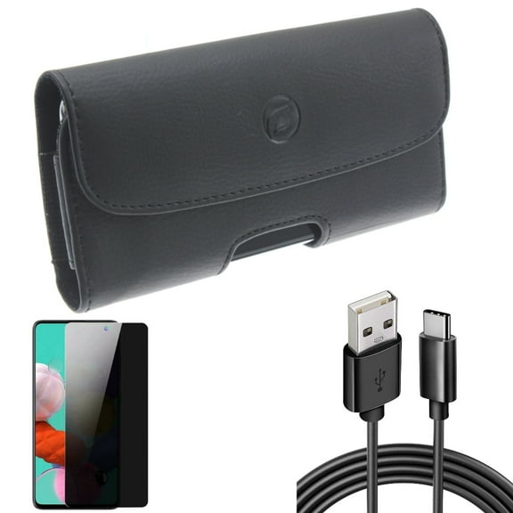 Case Belt Clip & 6ft USB Cable & Privacy Screen Protector for Samsung Galaxy S20 Fan Edition - Leather Holster   Type-C Charger Cord   Tempered Glass Anti-Spy Combo