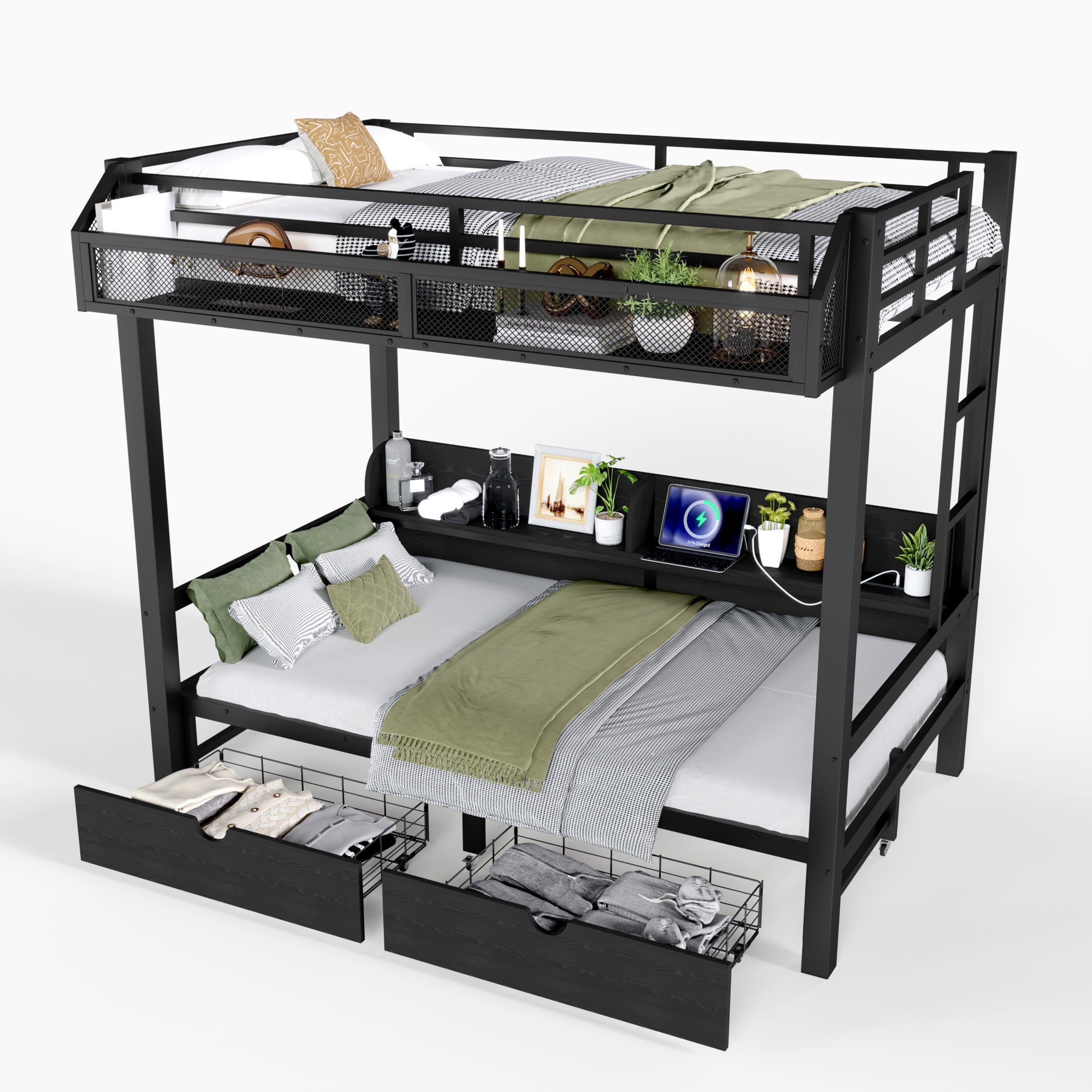 Noble House Twin Over Twin Metal Bunk Bed with Drawers, Shelves, USB Ports and LED Lights, Black