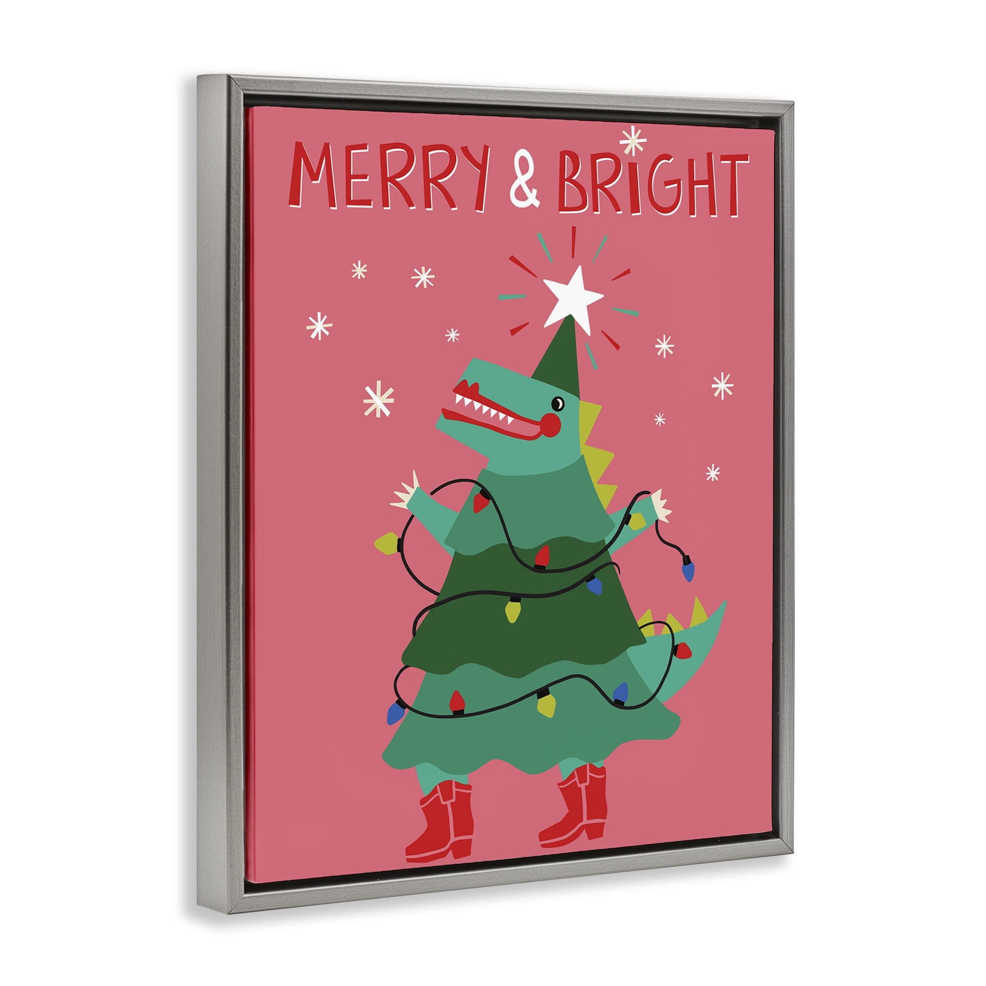Stupell Industries Merry and Bright Dinosaur Holiday Painting Gray Floater Framed Canvas Art Prints Wall Art, 17 x 21