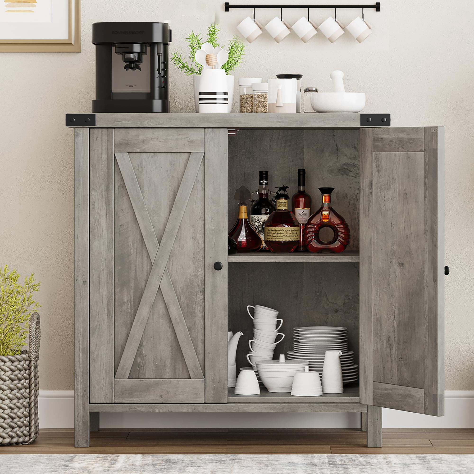 DSstyles Farmhouse Storage Cabinet with Doors and Shelves, MDF-engineered wood Gray