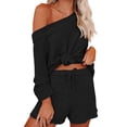 thumbnail image 6 of 2 PCS Off Shoulder Women's Outfits Sweater Sets Knit Top Shorts Matching Suits Cute Pajama Lounge Set, 6 of 7