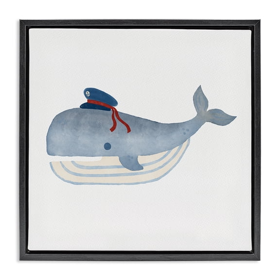 Stupell Industries Coastal Captain Whale with Hat Black Floating Frame Canvas Art, 18 x 18, by Carrie Cantwell