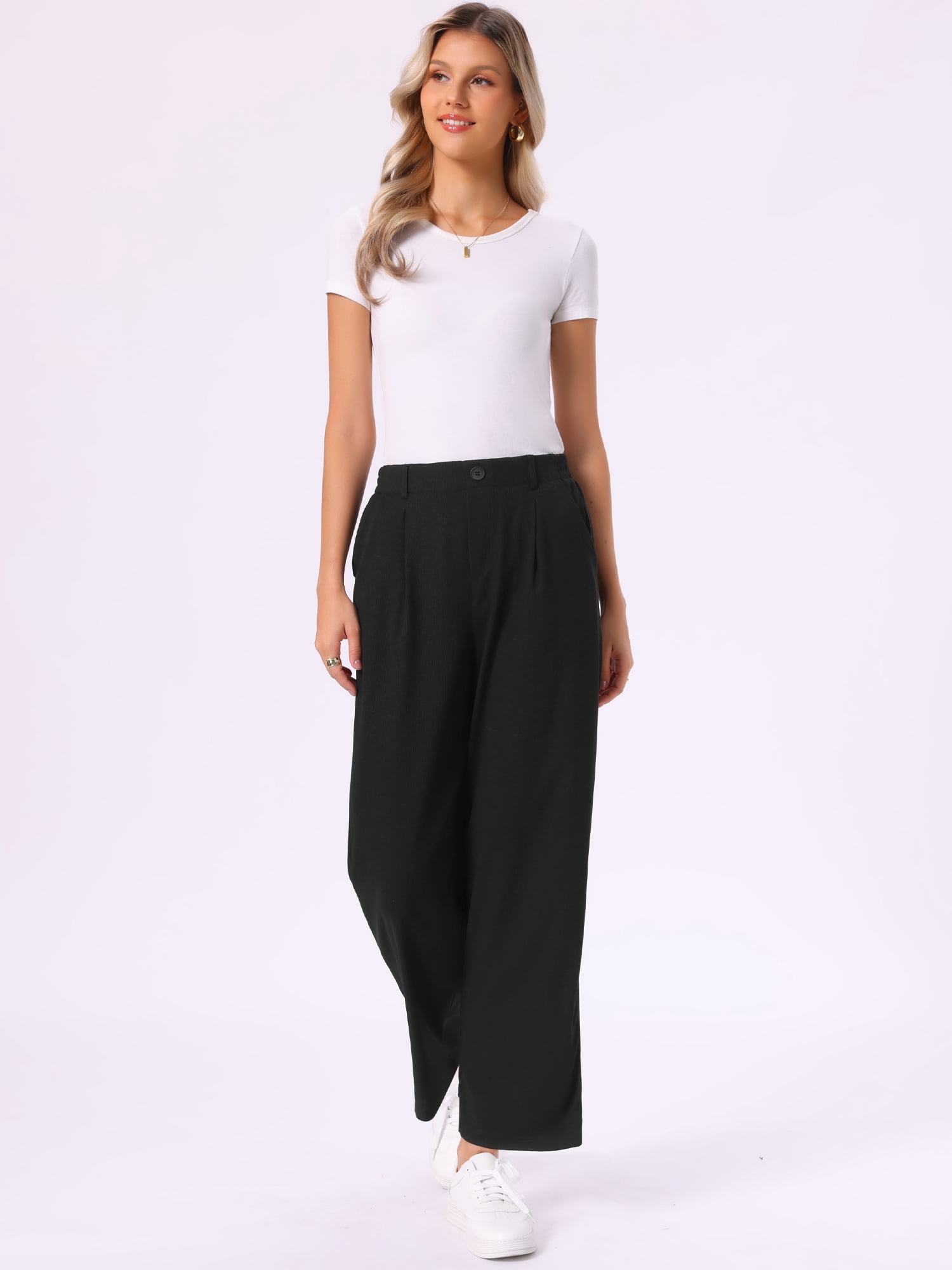 DARING DIVA Women's Waist Trousers Straight Leg Button Decor Slacks Pants L Black