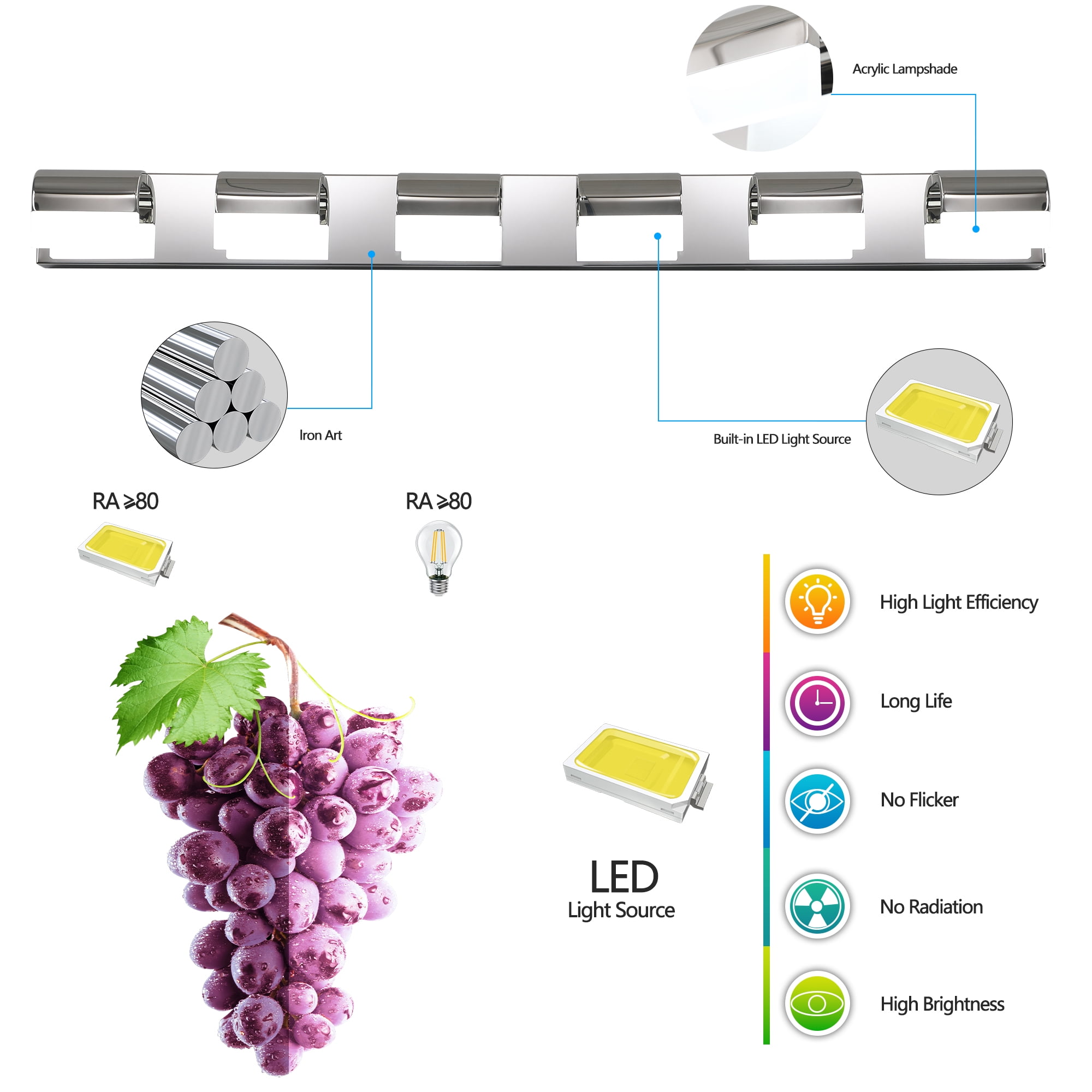 YANSUN 46.5 in Chrome Modern 6-Light LED Bathroom Vanity Light, 30W, Dimmable & 360° Rotatable, for Mirror, Shower, Dressing Room