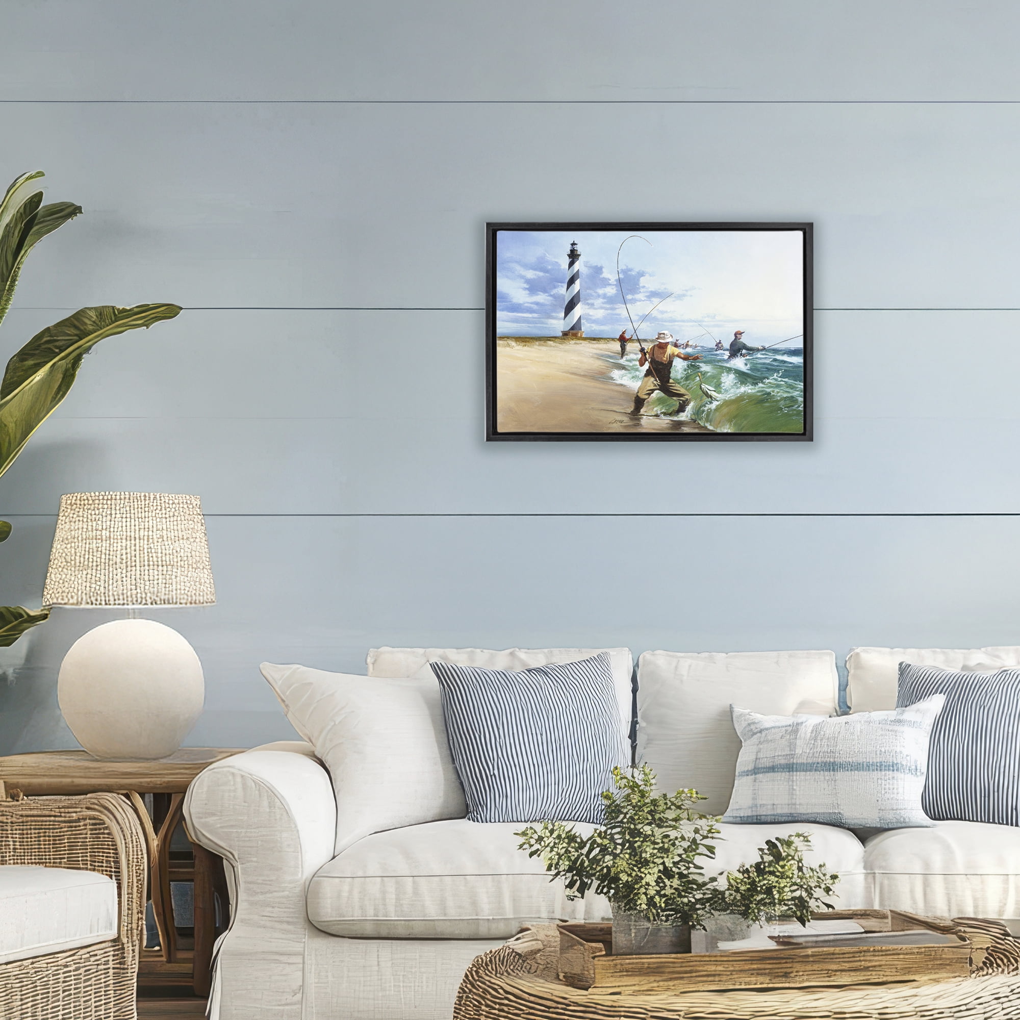 Cape Hatteras Fishermen Black Framed Floater Canvas Wall Art, design by Wind River Studios