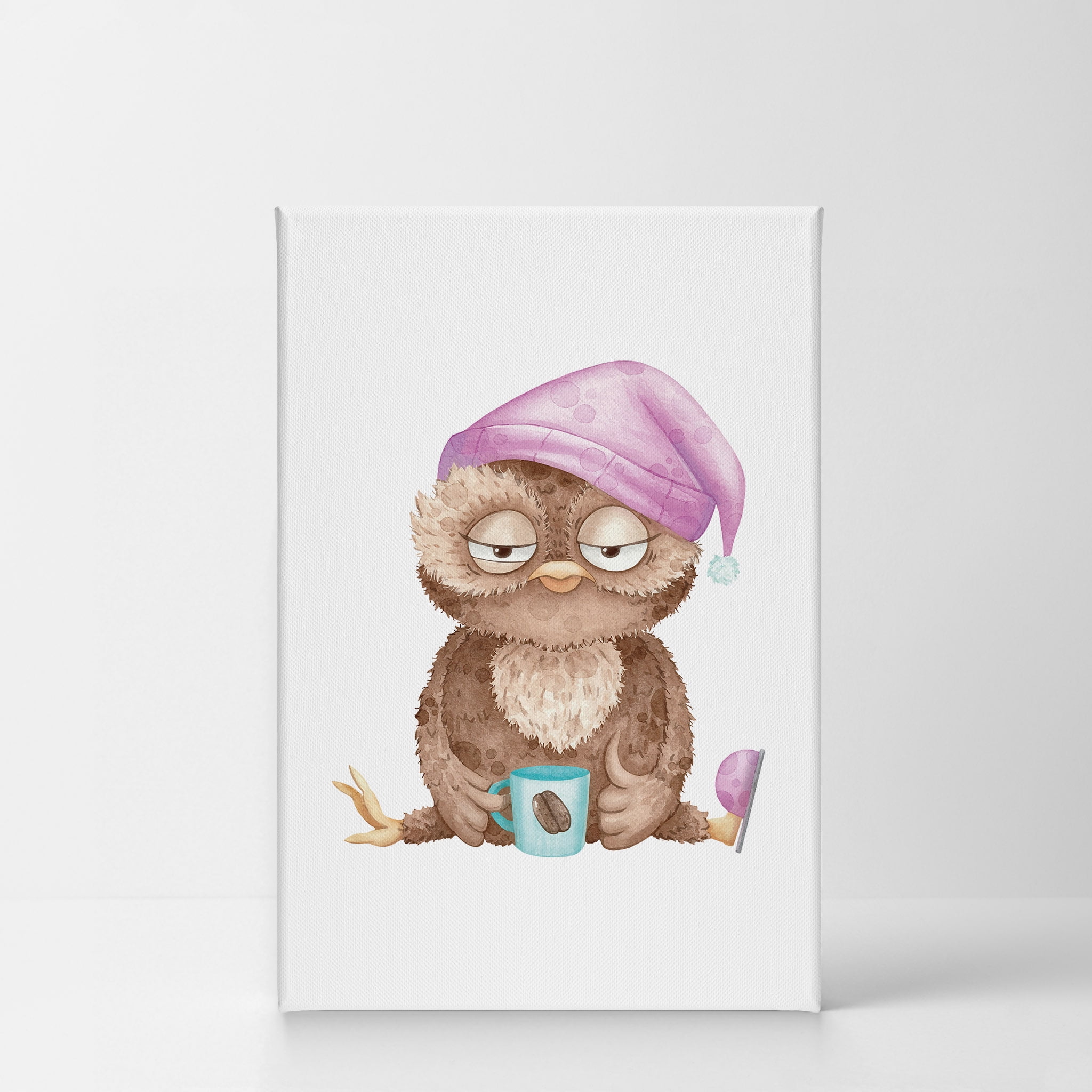 Smile Art Design Pretty Sleepy Owl With Cup Of Coffee Watercolor Painting Illustration Animal Canvas Wall Art Print Living Room Bedroom Kids Girl Boy Baby Nursery Room Decor Ready To Hang