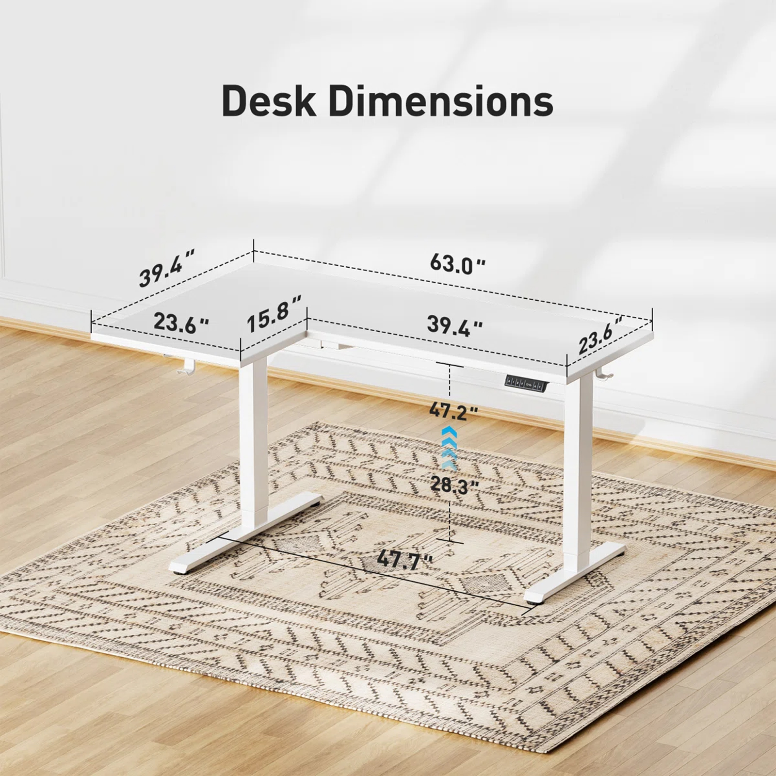 Kyspho L-Shaped Electric Standing Desk with Cable Tray, 63″ x 40″ Dual Motor Height Adjustable Sit to Stand Computer Desk with 3 Preset Heights, 2 Hooks for Home Office, White
