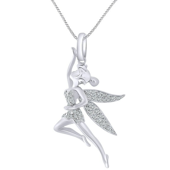 AFFY 0.34 Carat Round Shape White Natural Diamond Tinker Bell Pendant Necklace 14k Solid White Gold