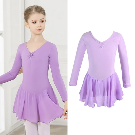 Girls Ballet Leotards Classic Long Sleeve Purple Girls Leotard with Skirt Toddler Ballet Outfit Ballet Leotards for Girls 3-4 Years
