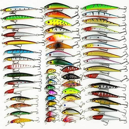 56 Pieces Fishing Lures Kit Crank Swim Minnow Pencil VIB Fishing Lure Bass Trout Pike for Saltwater Freshwater Topwater Hard Baits