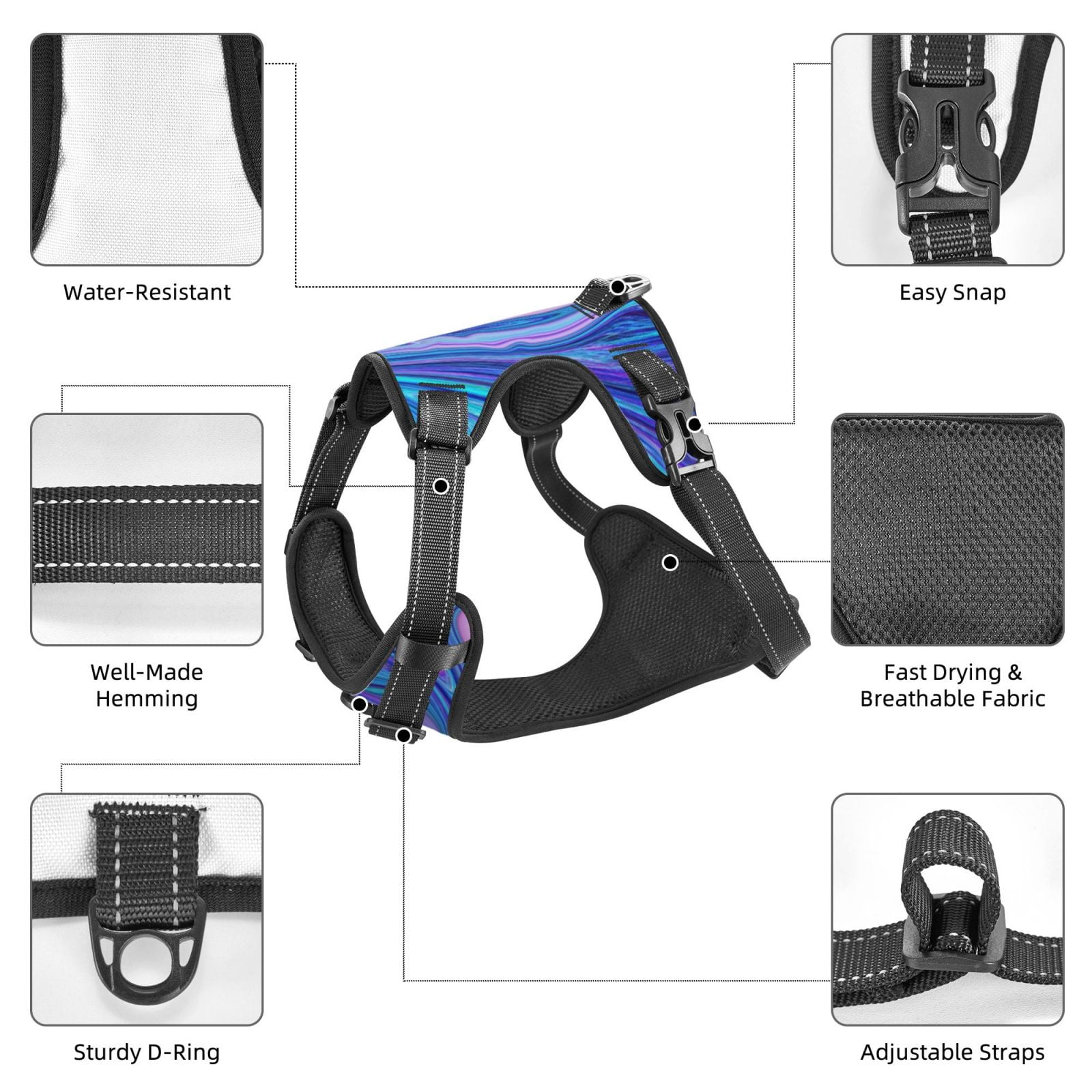 Vsdgher Swirl Blue And Purple Dog Harness, No-Pull Pet Harness, Dog Vest, Pet Vest for Small to Large Dogs-Medium
