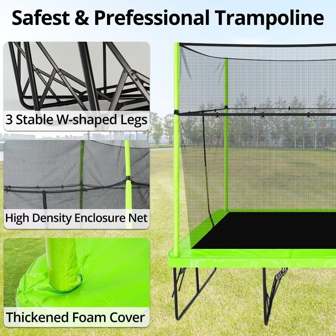 Rectangle Trampoline for Adults, 10x17 FT Large Outdoor Rectangular Trampoline for Backyard - ASTM Certified - Gymnastics Trampoline with Enclosure Net, Basketball Hoop, Strong Base, Green