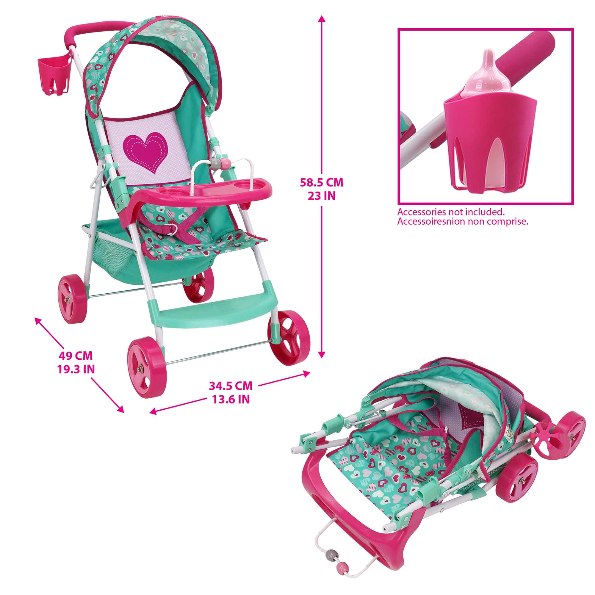 509 Crew: Mint Heart - Sarah Doll Stroller - Hot Pink & Green, Cup Holder, Tray Play, Storage Basket, Folding Accessory, Pretend Play Toy, Kids 3+