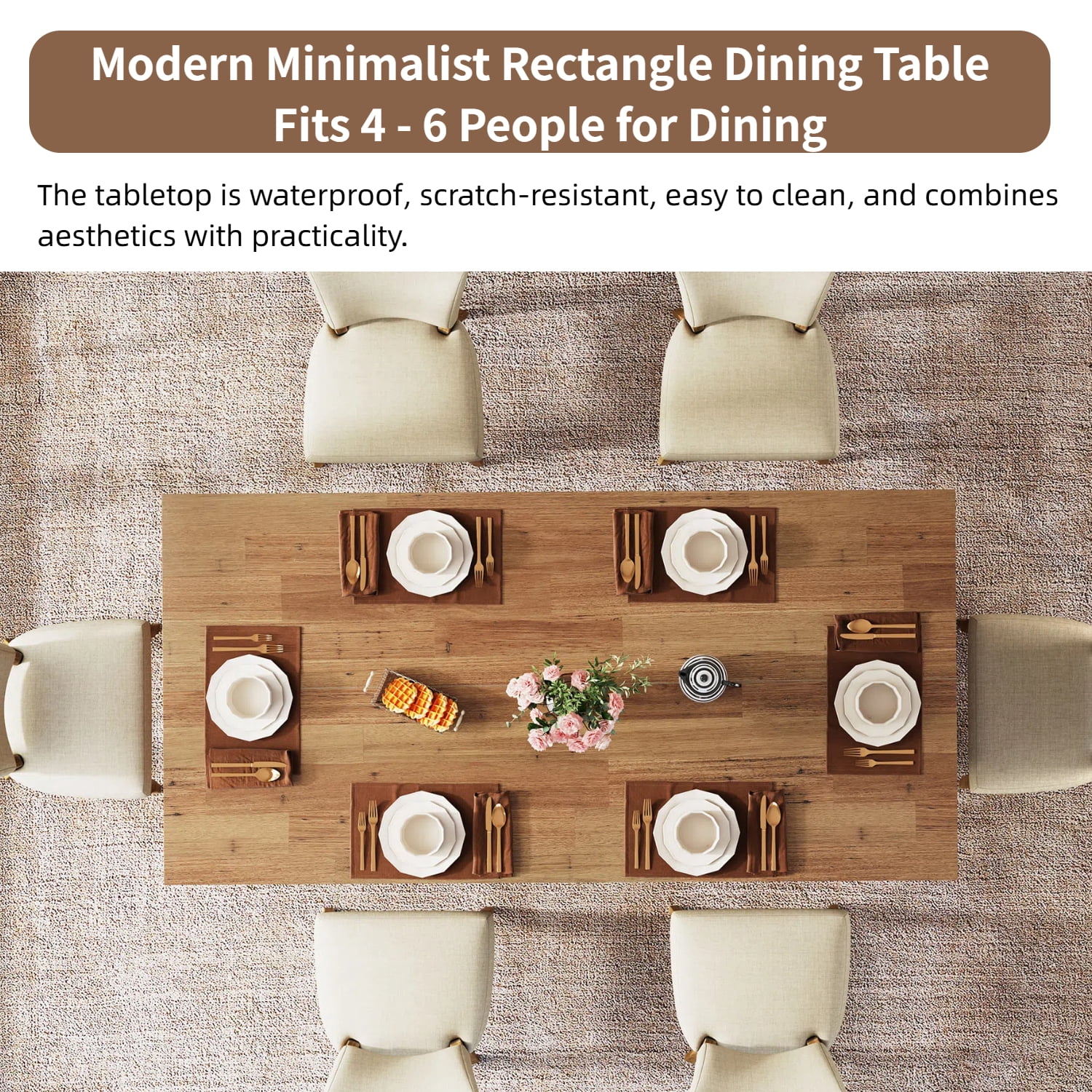 Fnova 63" Rectangular Modern Dining Table, Wooden Modern Kitchen Table for 6 People for Dining Room, Warm Brown (Chairs Not Included)