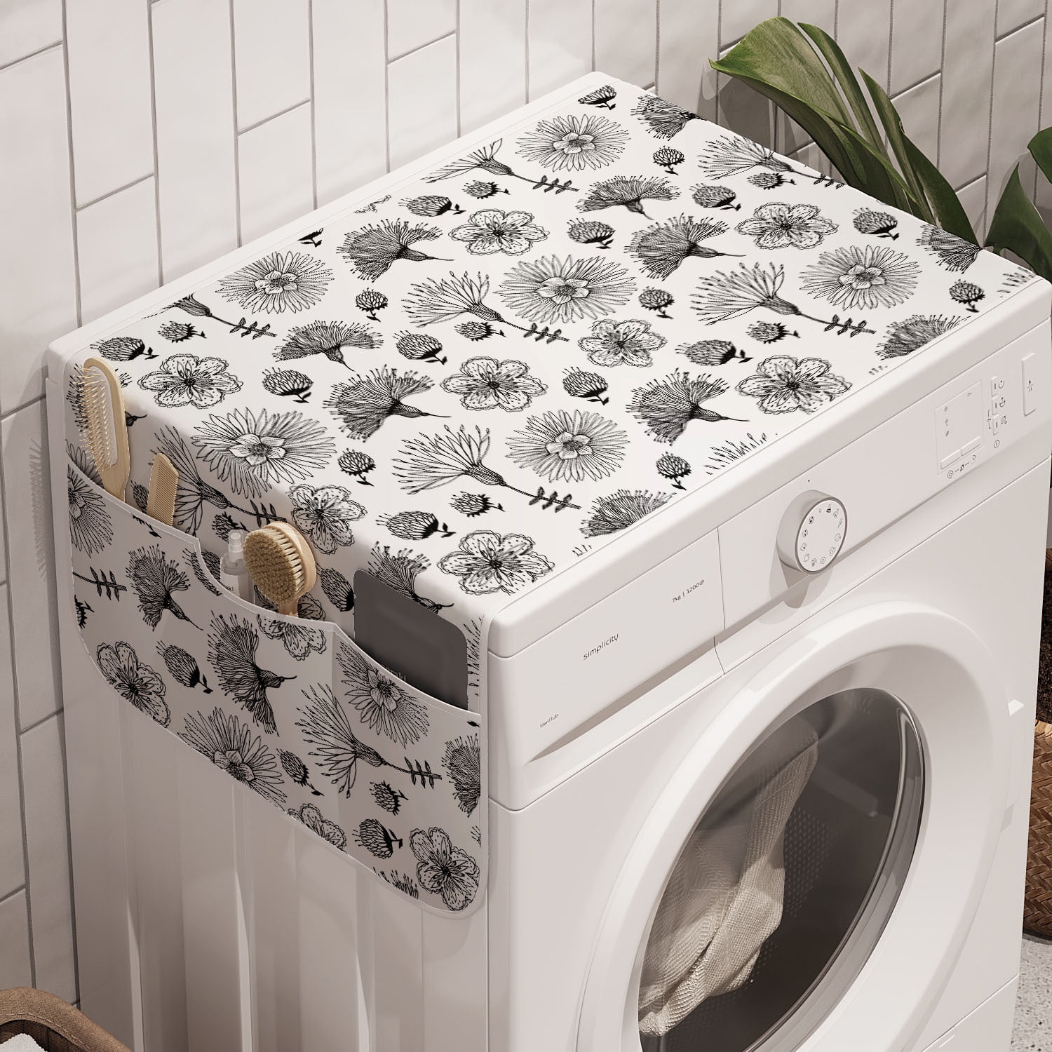 Ambesonne Anti-Slip Washer/Dryer Organizer Cover - Charcoal Grey Geometric Stars, 47"x18.5" With 6 Pockets