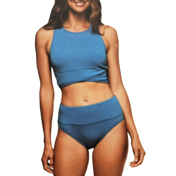 Next by Athena Women's Ribbed Bikini Top and Bottom Swimsuit Set (Blue, XXL)
