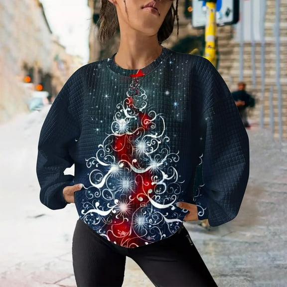 WXLWZYWL Womens Ugly Christmas Sweater Funny Sweatshirts Holiday 3D Print Trendy Cute Long Sleeve Pullover 2024 Loose Christmas Sweaters Pullover