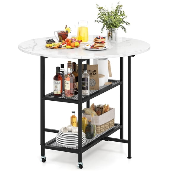 Barara King Dining Table with Lockable Wheels, Folding Round Kitchen Dining Table for Dining Room, Living Room, Restaurant, White