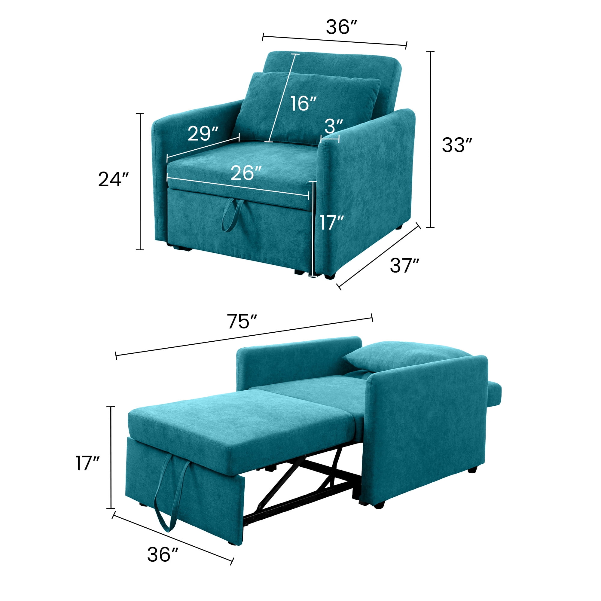 Aukfa 36" Chaise Futon Convertible Sofa Bed, Pull Out Sleeper Chair Bed for Home Office, Lint, Green