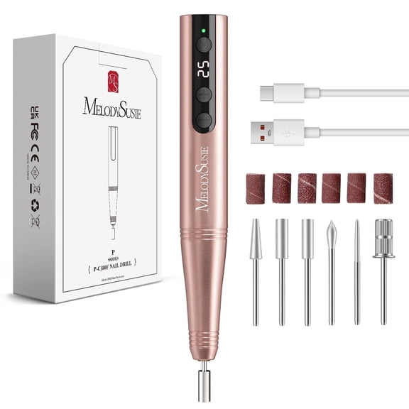 MelodySusie Pen-Shaped Portable Cordless Nail Drill, PC180F 25000RPM Rechargeable Electric File with LED Display for All Nail Care