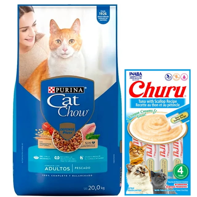 Cat Chow Adulto Pescado Defense Plus 20 kg + Churu Atún con Vieira Sobre con 4 Tubos de 14 g