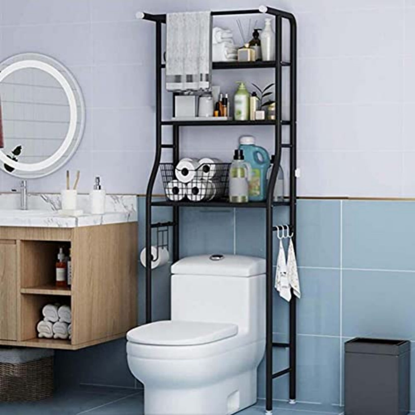 Over The Toilet Storage Rack, 3 Tier Freestanding Bathroom Organizer Shelf, Anti-Rust Metal Space Saving Laundry & Toilet Storage Rack, Black