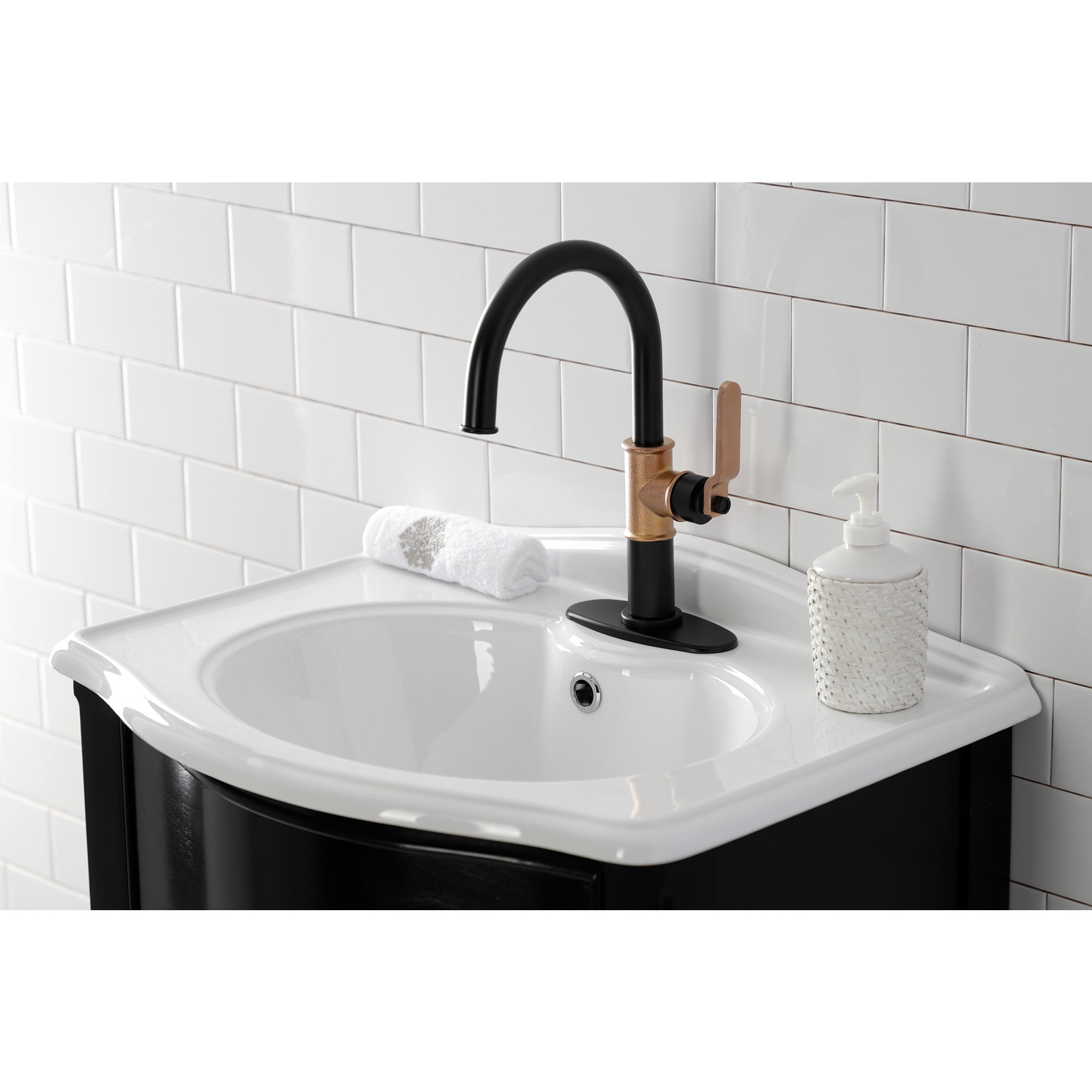 Kingston Brass KSD2237KL Whitaker One-Handle Single-Hole Bathroom Faucet with Deck Plate and Push Pop-Up Drain, Matte Black/Rose Gold
