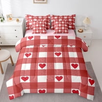Castle Fairy Love Heart Couple Bedding Comforter Set 7 Pieces for Teens Adults,Red White Full Bedding Set Lightweight,Geometric Plaid Fitted Sheet Flat Sheet,Lightweight Room Decor,Reversible