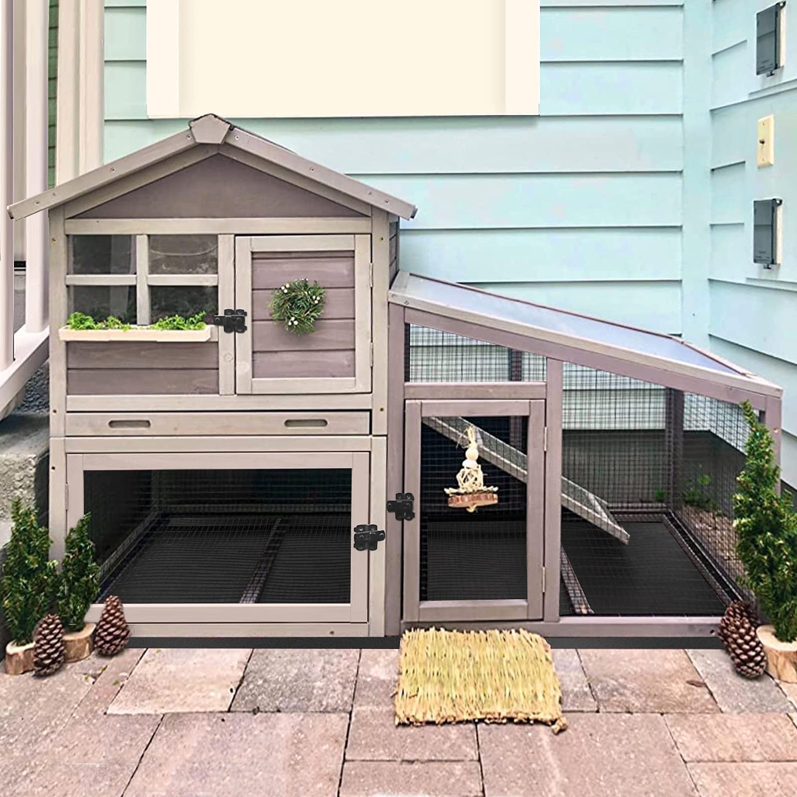 MEDEHOO Wooden Rabbit Hutch - Outdoor/Indoor Bunny Cage with Run, Pull-Out Upper Tray, 51.6"L x 25.2"W x 36.2"H, Grey