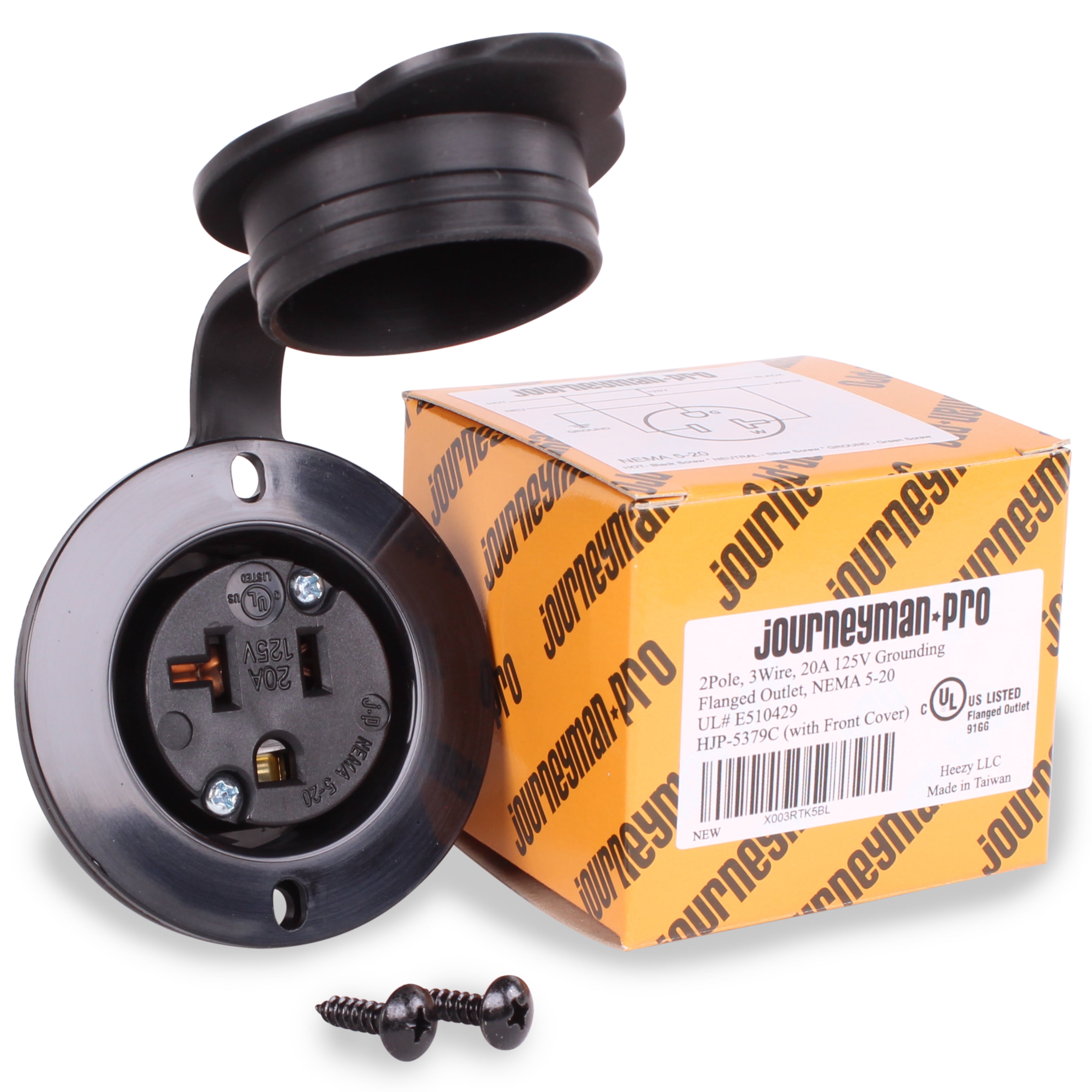 HJP-5379 20 AMP 110,120-125 Volt, NEMA 5-20R Flanged Outlet, Black Commercial Grade, 2 Pole-3 Wire, Straight Blade Plug EV Charger Receptacle Socket (with Front Cover)
