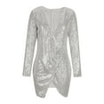thumbnail image 6 of Efsteb Fall Fashion 2025 Women's Sequin Dress Slim V Neck Long Sleeves Knee Length Bodycon Dress Ruched Sparkly Bodycon Club Mini Dresses (White,L), 6 of 7